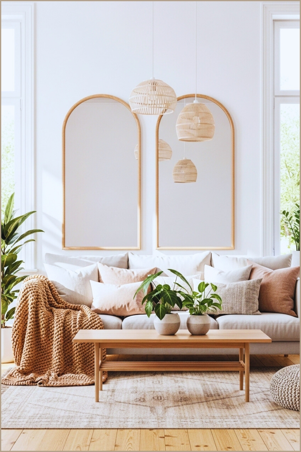Bright Cozy Living Room Large Arched Mirrors Natural Sunlight White Walls