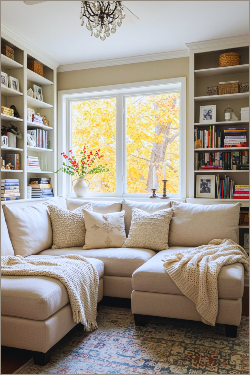 Bright Cozy Reading Corner With Cream Sectional Sofa, Knit Throw Blanket, Soft Pillows