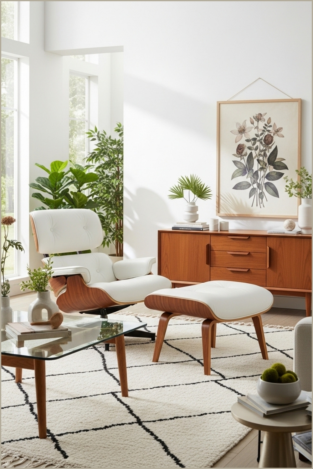 Bright Mid Century Modern Living Room With A White Leather