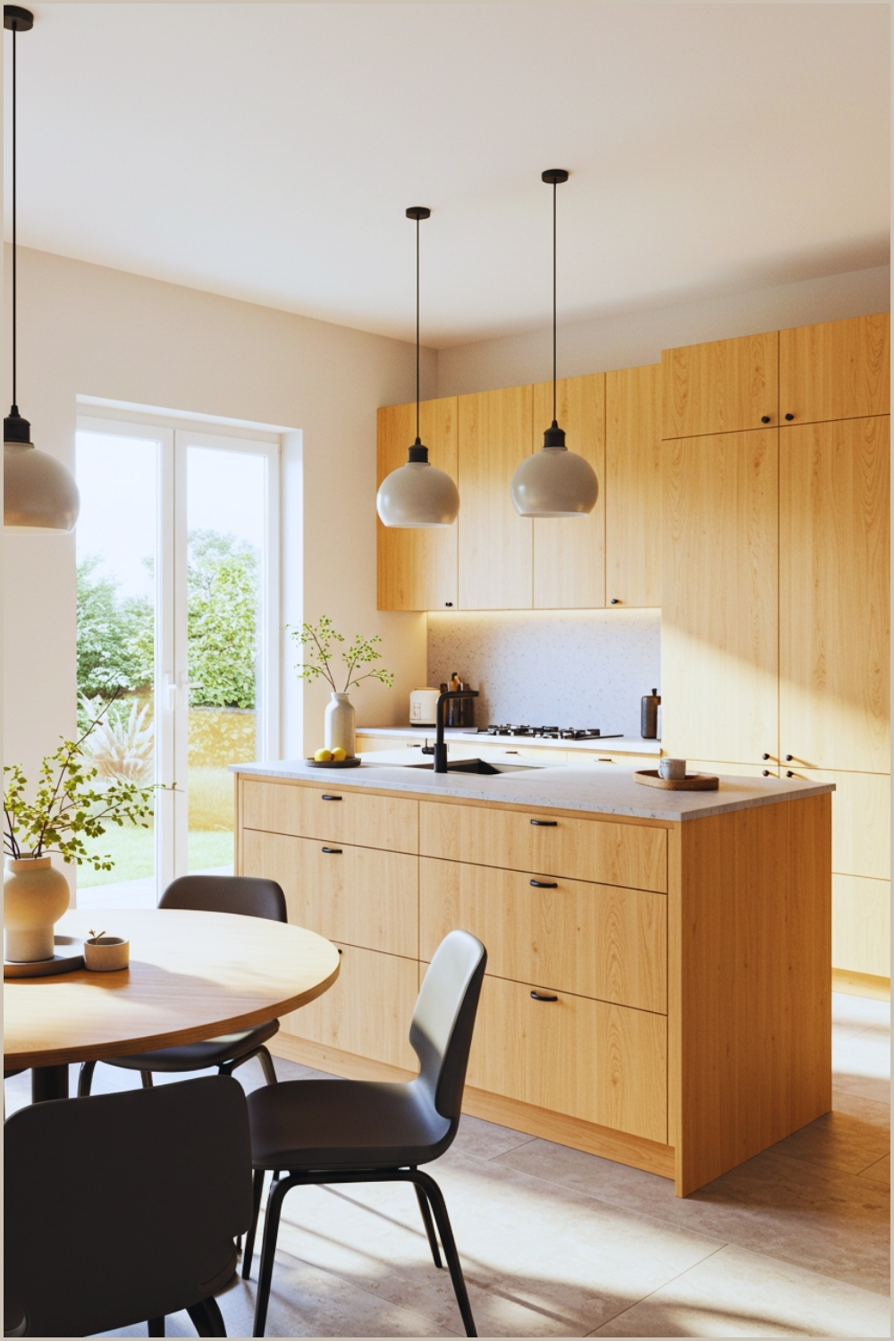 Bright Modern Kitchen With Natural Wood Cabinets And Island Minimalist Black Handles