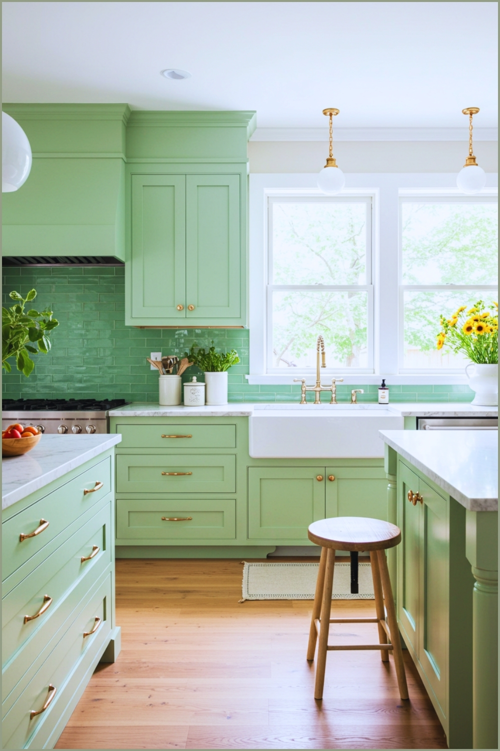 Bright Modern Kitchen With Pastel Green Cabinets White Quartz Marble