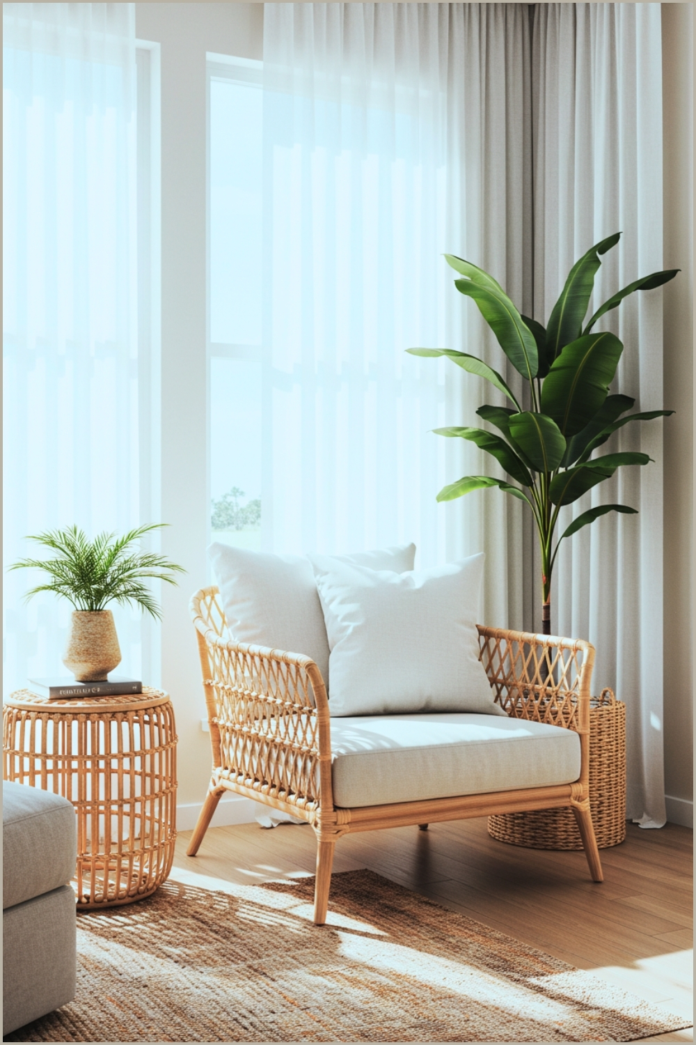 Bright Sunlit Living Room Corner With Rattan Armchair