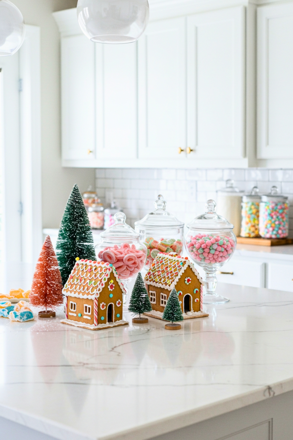 Bright White Kitchen Island With Pastel And Candy Colored Decorations