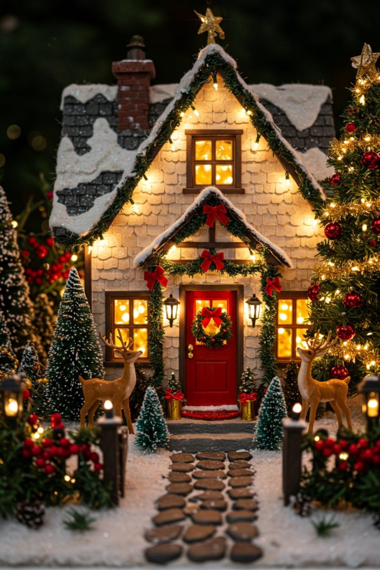 Charming Christmas Holiday Miniature House Decorated With Glowing Warm Lights