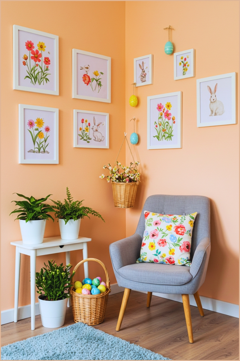 Charming Pastel Easter Corner Decor With Peach Walls Framed Art