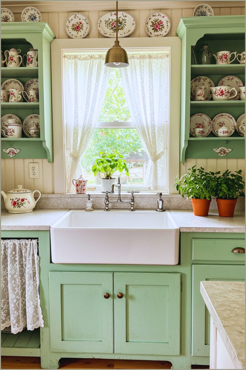 Charming Vintage Cottage Kitchen, Mint Green Cabinets, White Farmhouse Sink