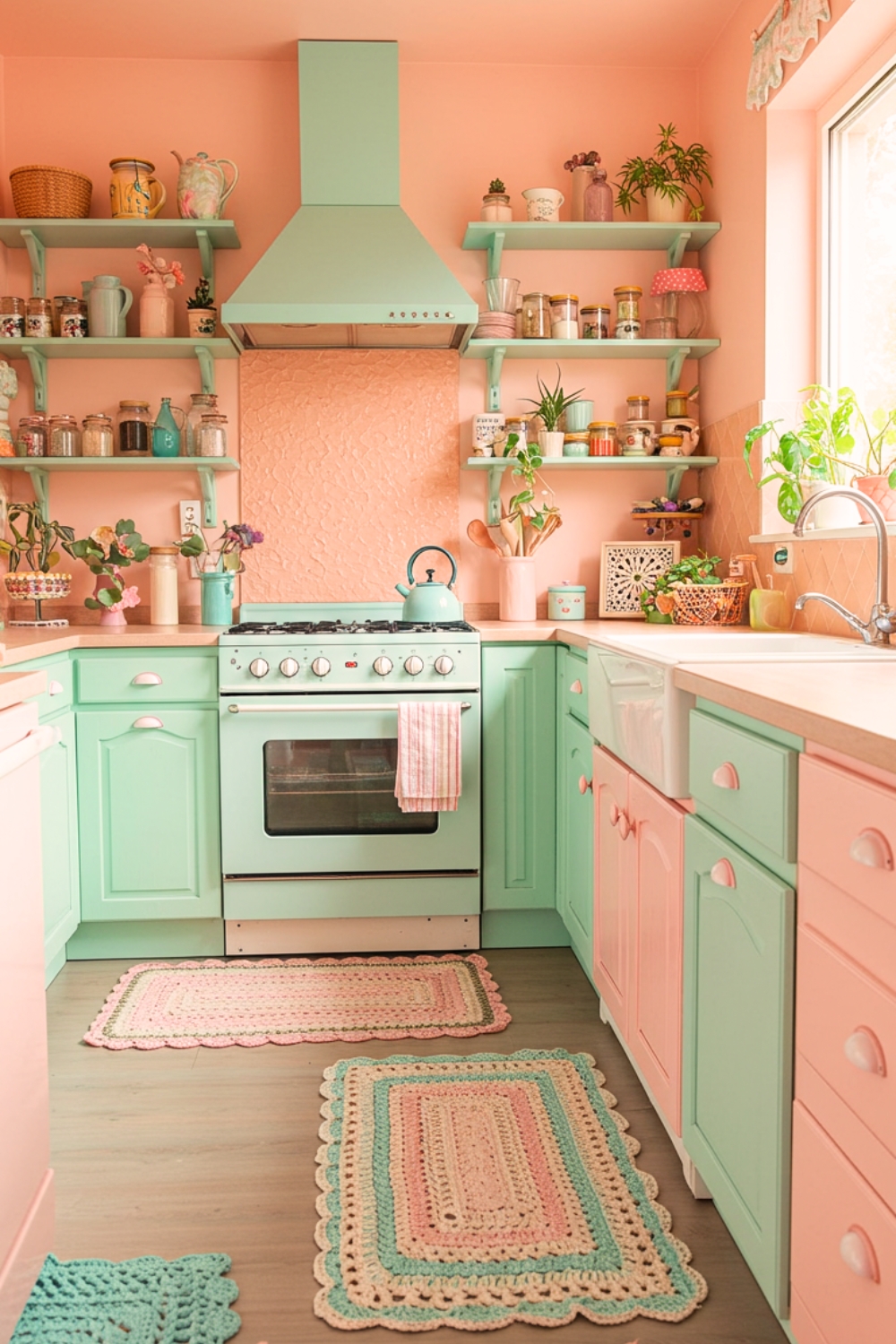 Cheerful Kitchen With Mint Green And Peach Pink idea