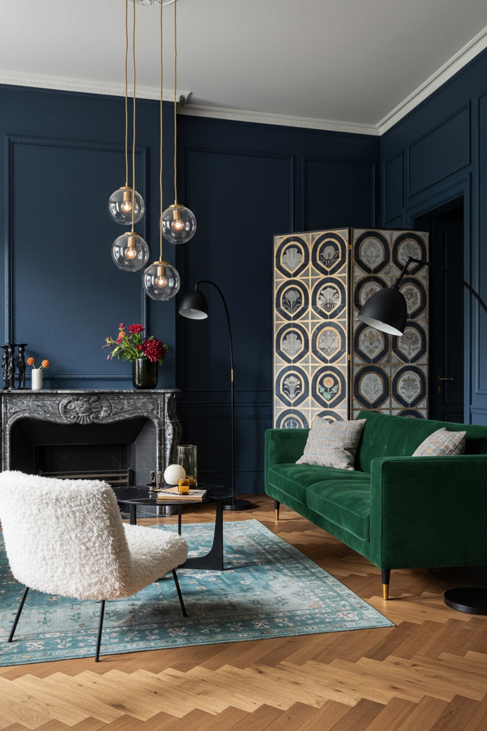 Parisian Living Room With Navy Fireplace And Modern Style 