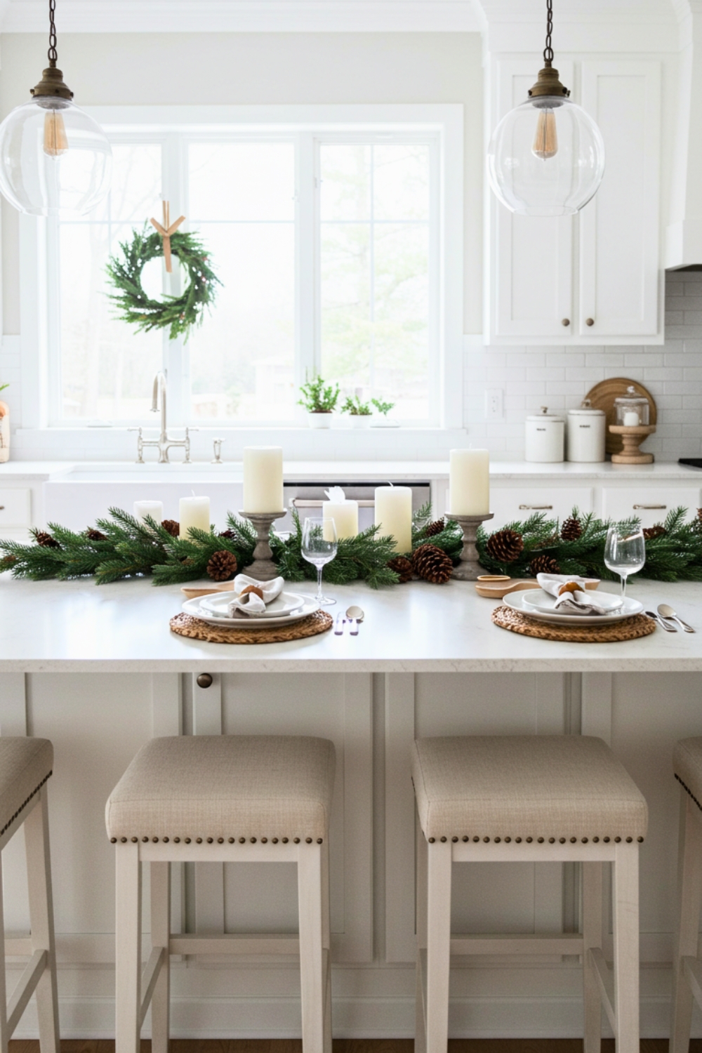 Christmas Kitchen Island Scene Pristine White Kitchen With A Long