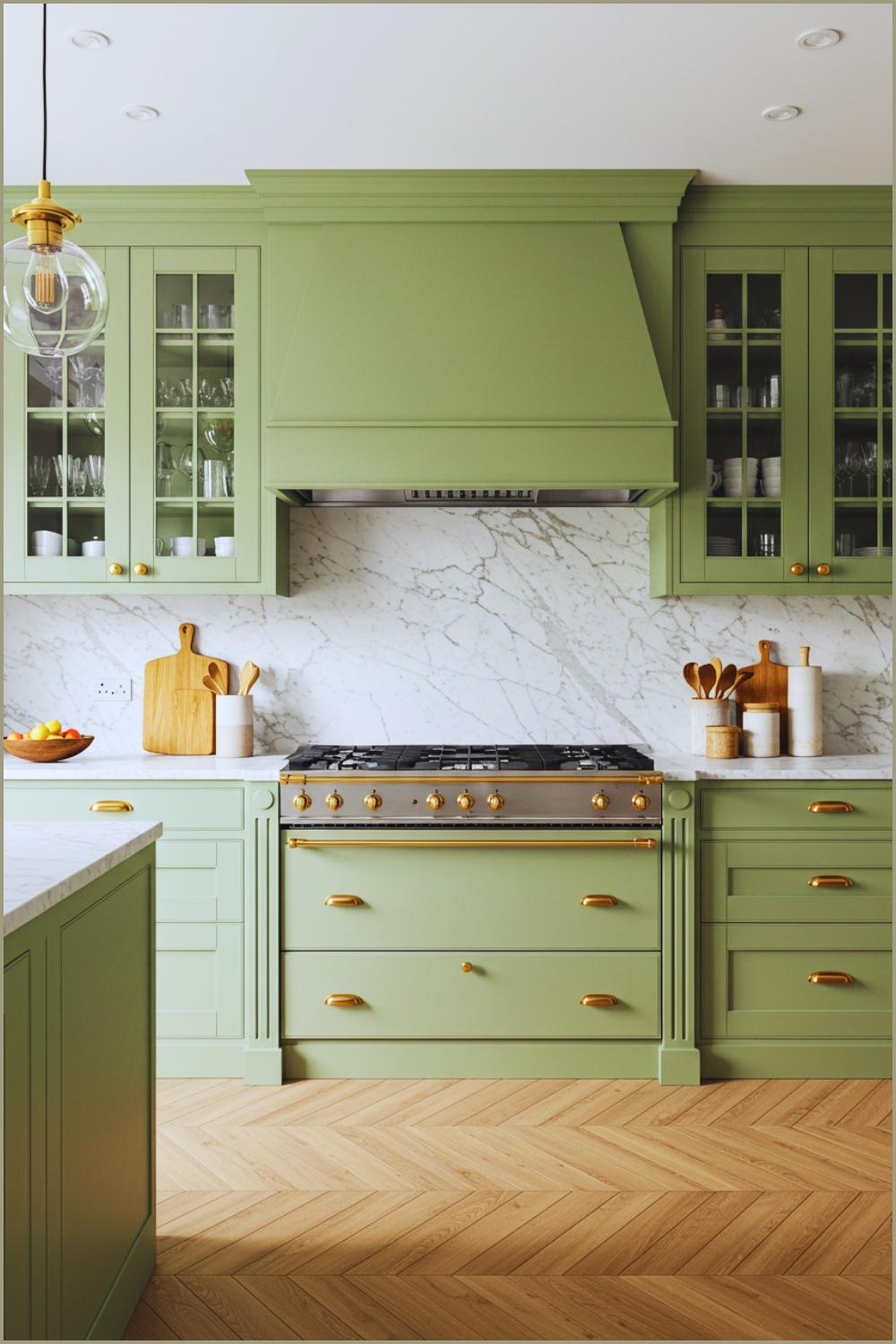 Classic Kitchen Interior With Sage Green Cabinets Brass Handles And Fixtures