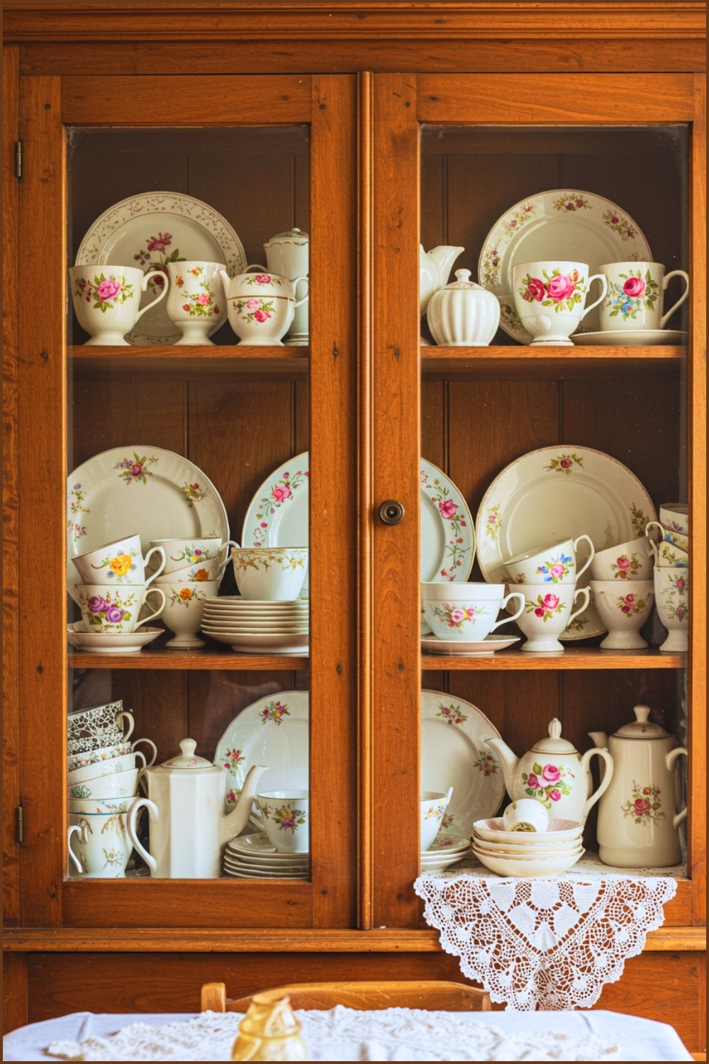 Classic Wooden China Cabinet Filled With Vintage Floral Teacups And Plates