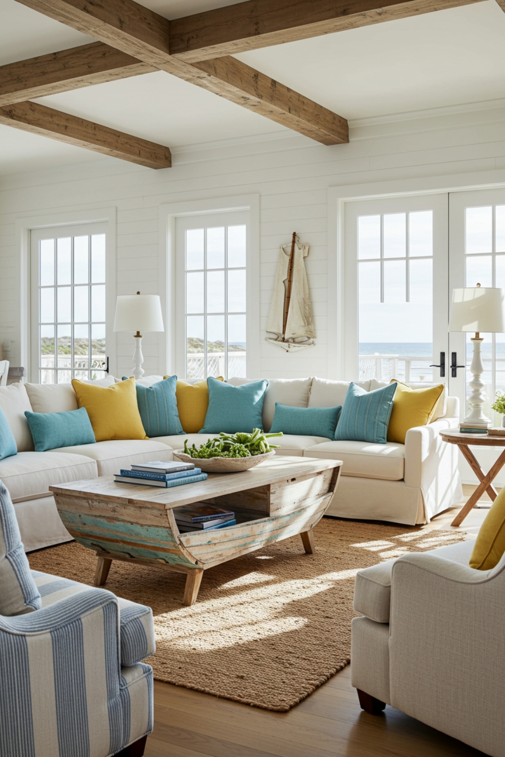 Cozy Beach House Living Room With White Sofa And Stripes 