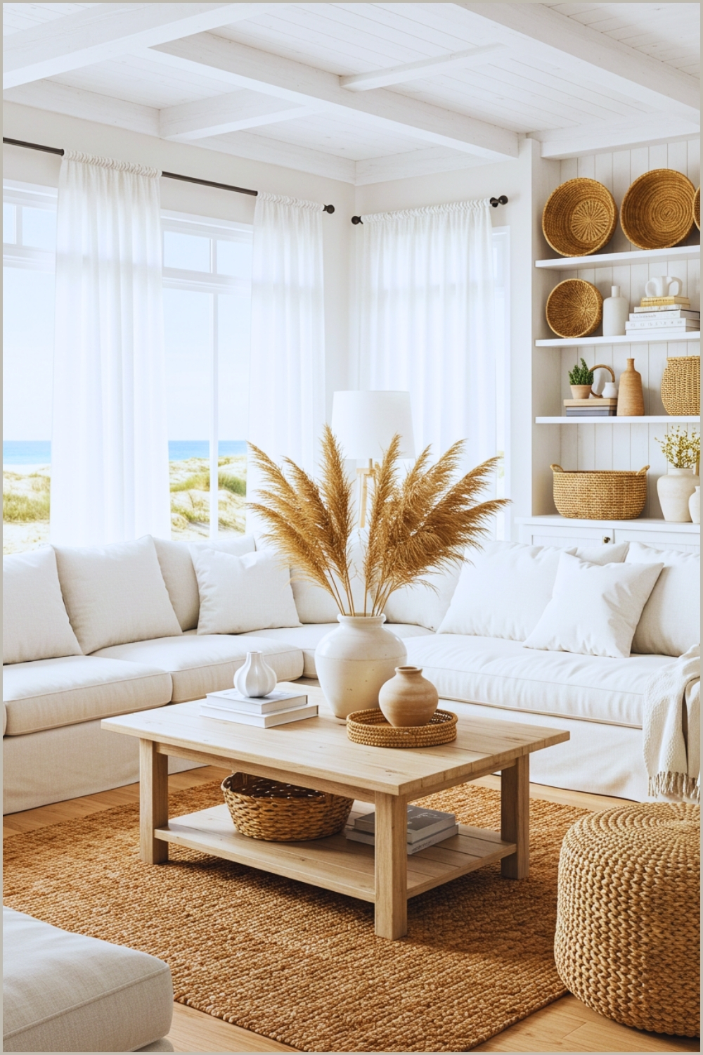 Coastal Bohemian Living Room With White Sectional Sofa Filled With White Pillows