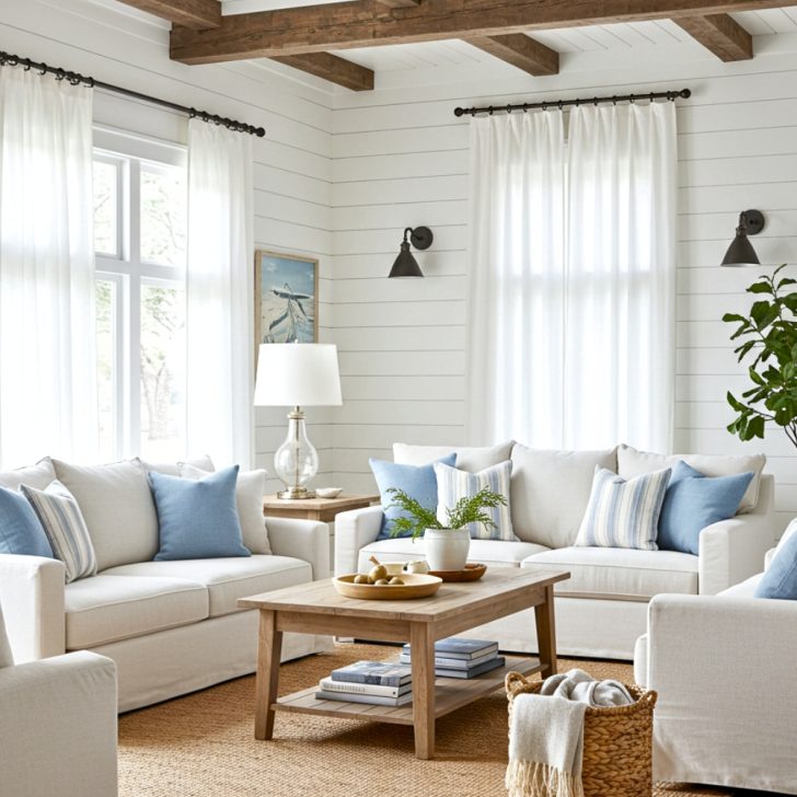 Coastal Farmhouse Living Room With White Shiplap Walls And Rustic Exposed