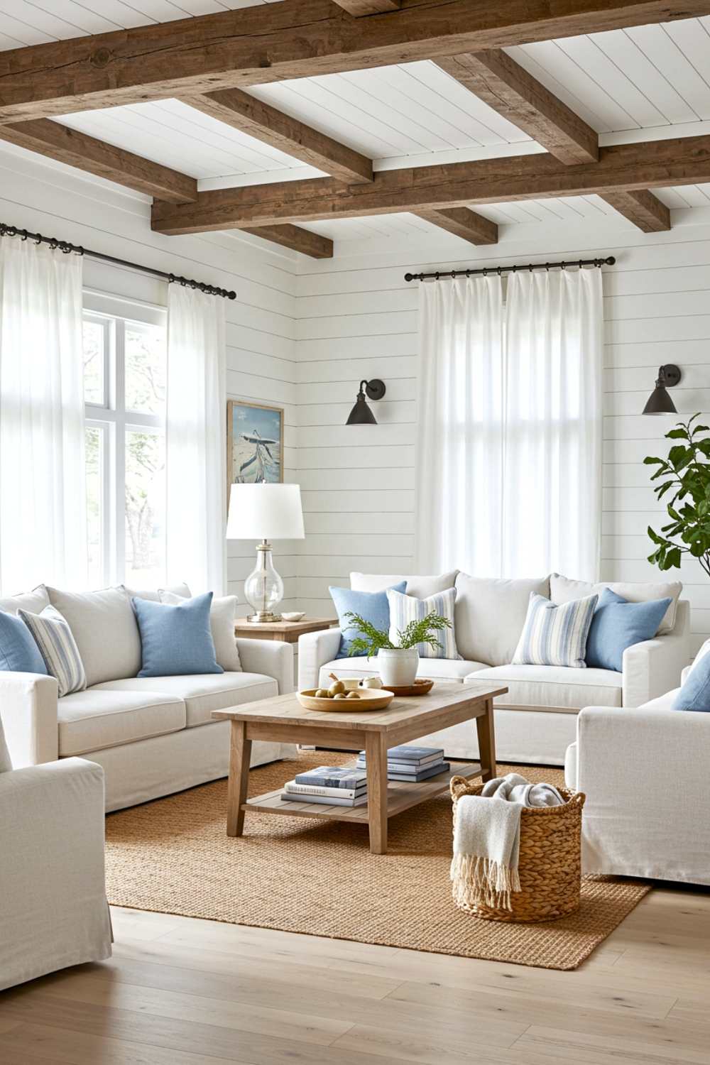 Coastal Farmhouse Living Room With White Shiplap Walls And Rustic Exposed