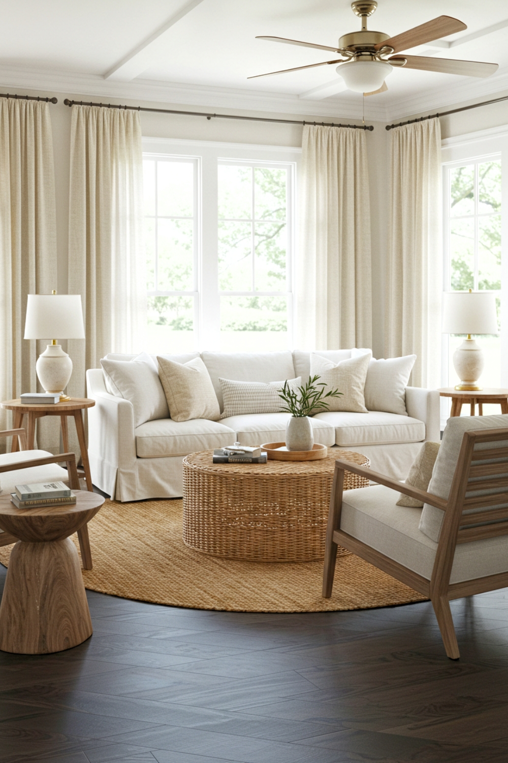 Airy Farmhouse Living Room With White Sofa And Neutral Pillows 