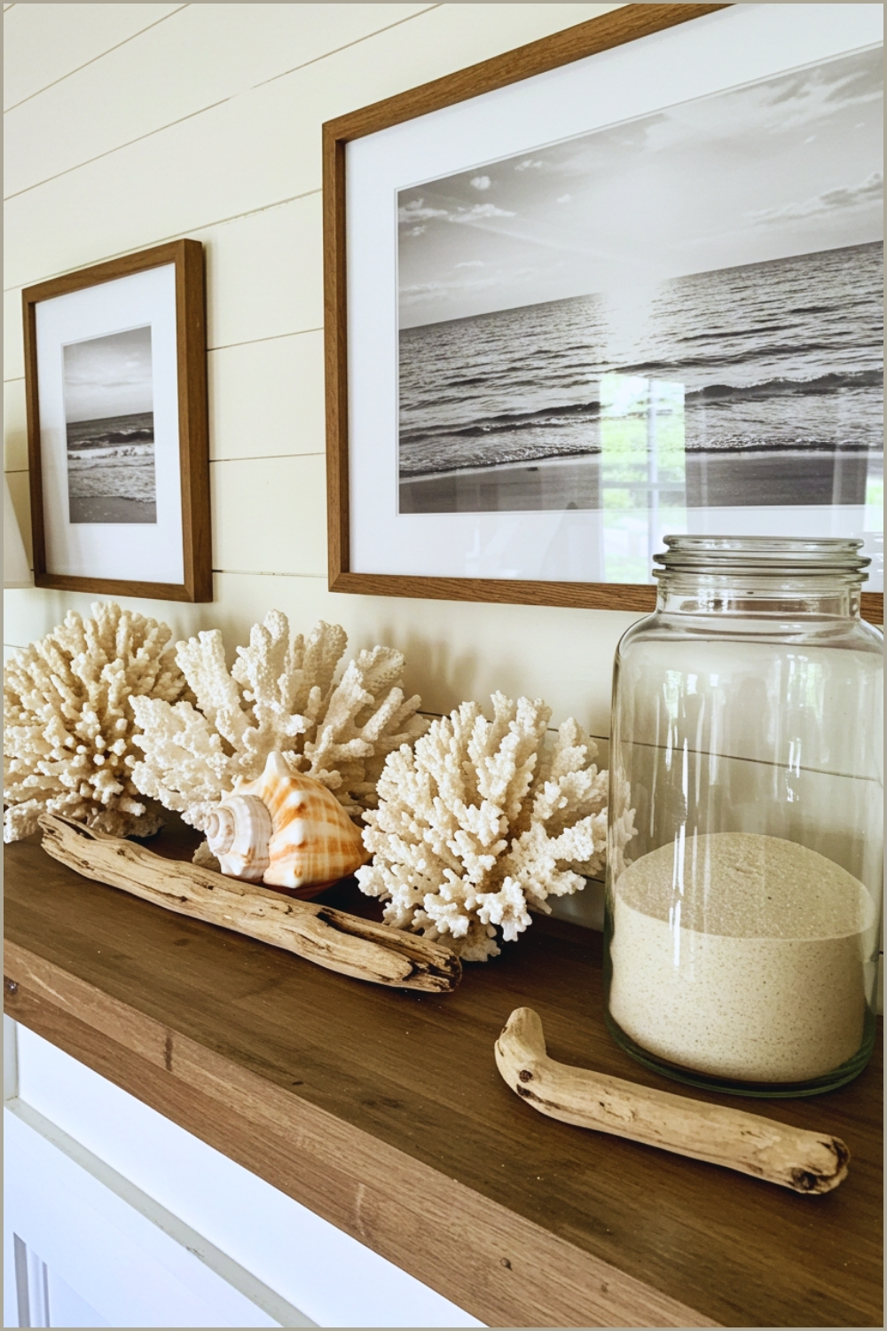 Coastal Farmhouse Mantel Decor With Large Seashells Conch Shells
