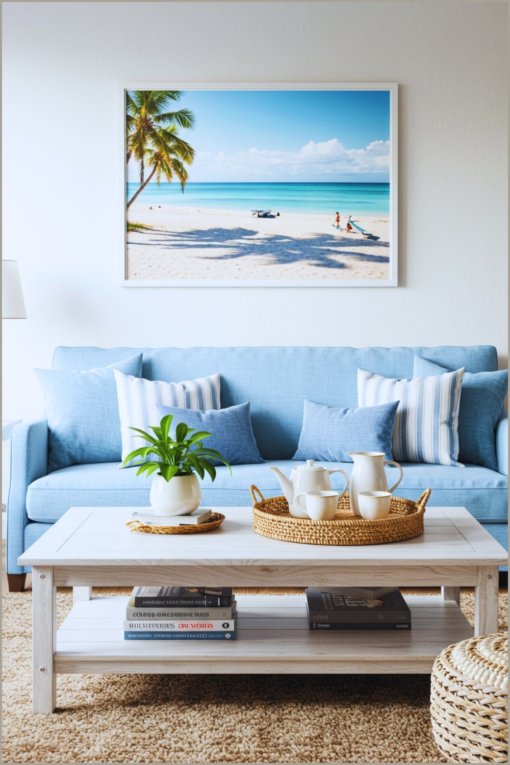 Coastal Living Room With Light Blue Sofa Mix Of Striped White And Solid