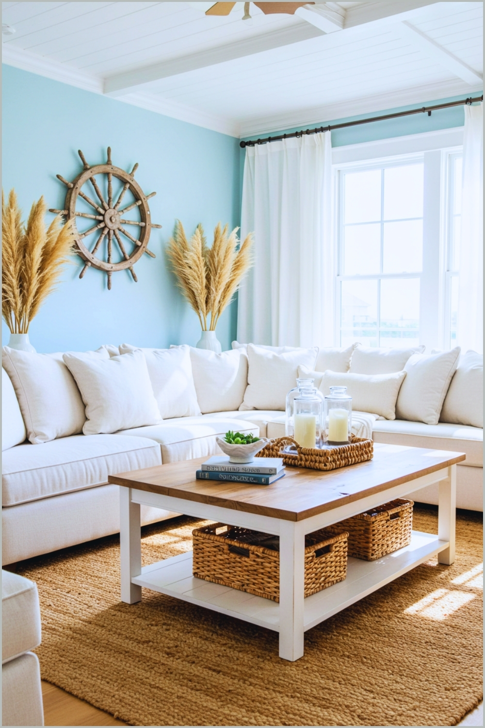 Coastal Living Room With Light Blue Walls Large White Sectional Sofa