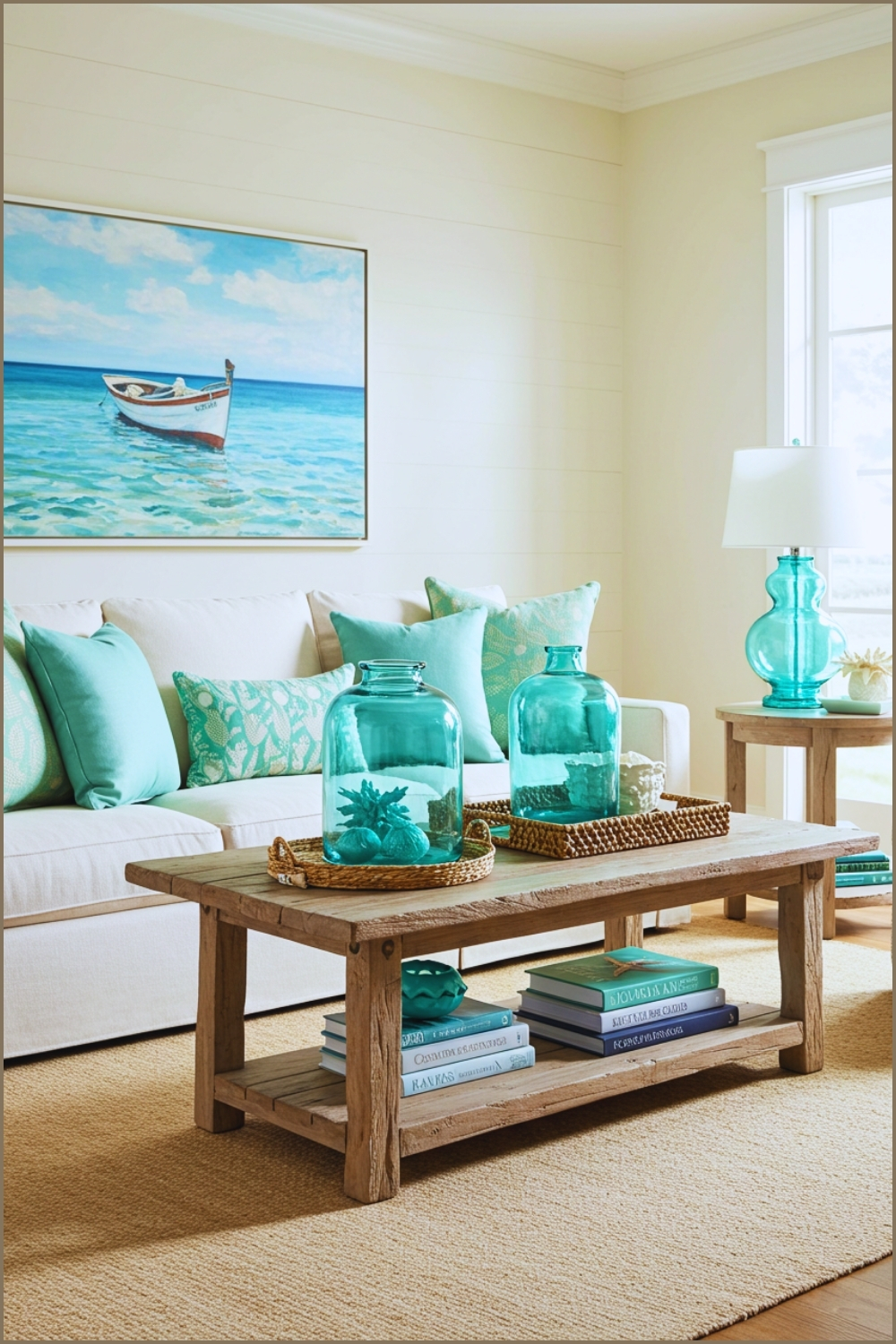 Coastal Living Room With White Sofa And Mint Green Throw Pillows