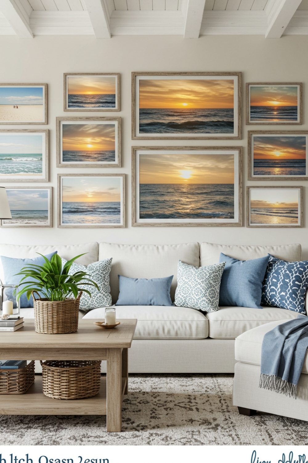 Serene Living Room With White Sofa And Blue Pillows 