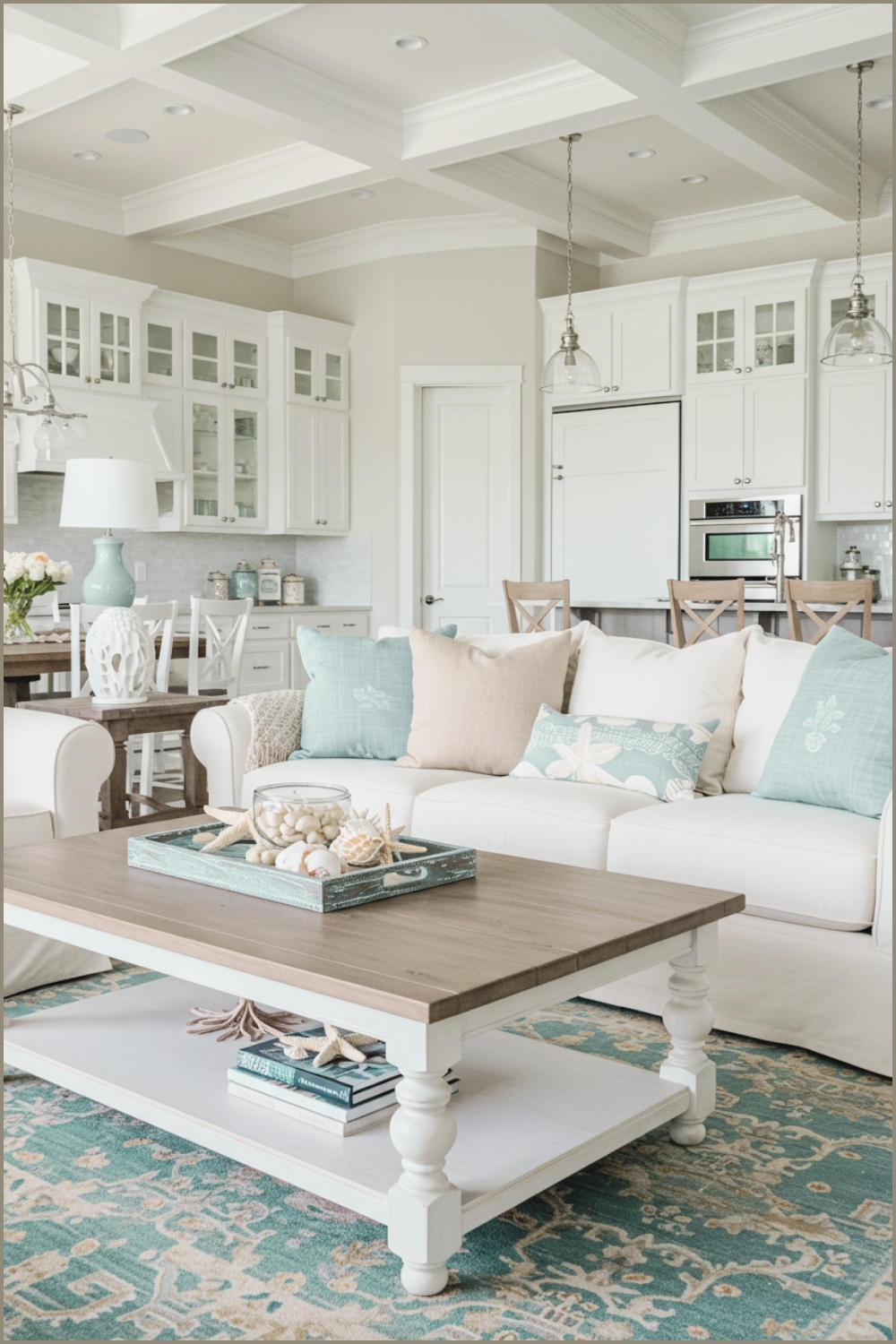 Coastal Living Room With White Sofa Decorated With Light Blue And Beige