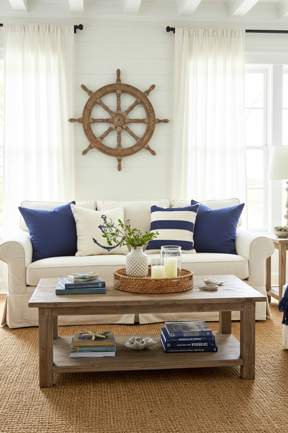 Classic Nautical Living Room With White Sofa And Navy Accents