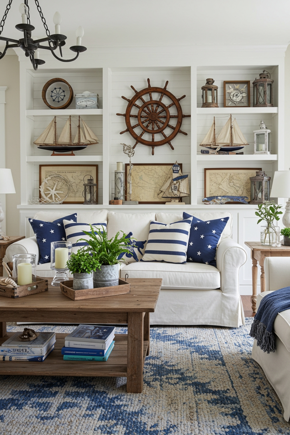 Nautical-inspired Living Room With White Sofa And Navy Pillows 