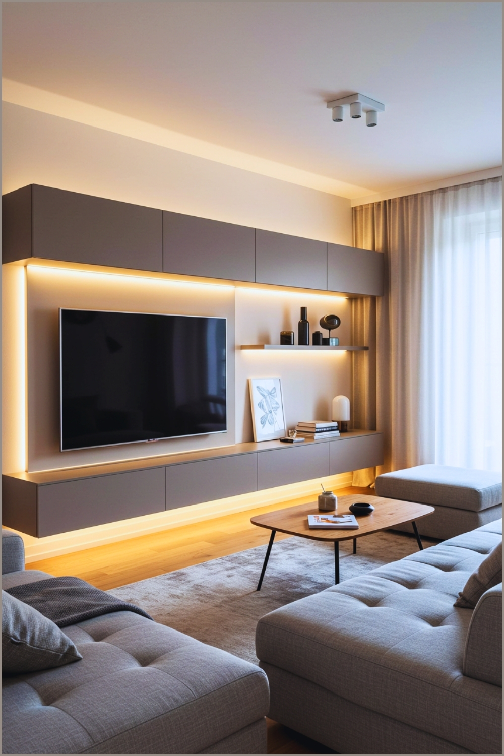 Contemporary Apartment Living Room With Sleek Built-in Tv Wall, Warm Led Backlighting