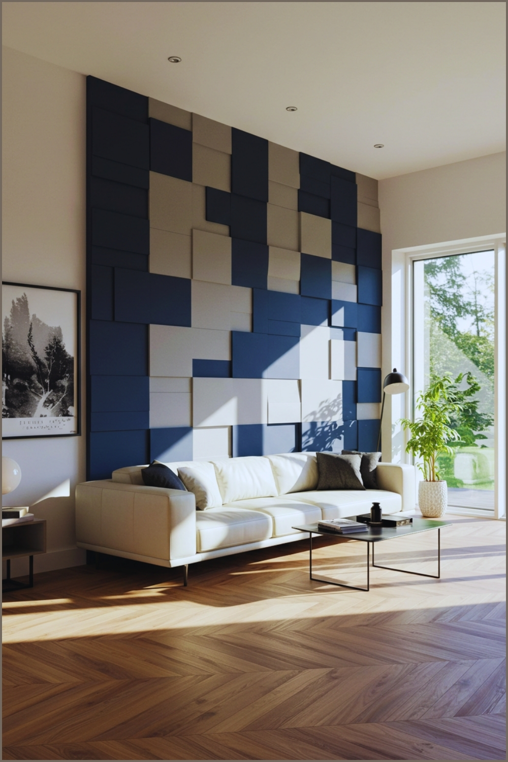 Contemporary Living Room With Bold Geometric Accent Wall In Shades