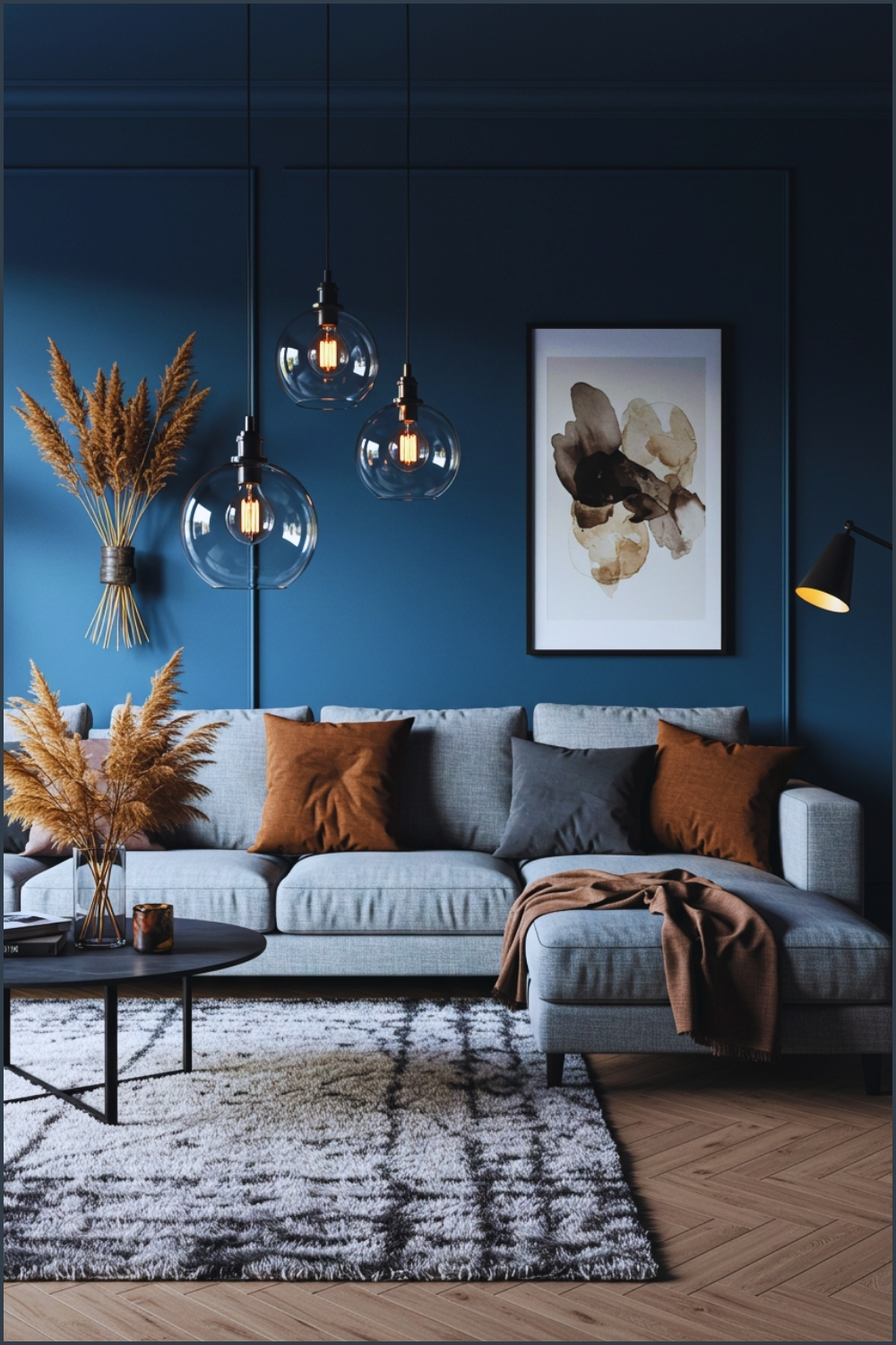 Modern Living Room Design, Deep Blue Accent Wall, Grey Sectional Sofa With Brown Pillows