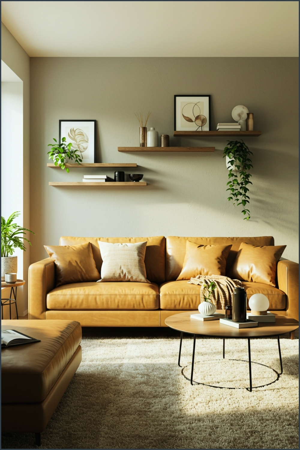 Contemporary Modern Living Room, Caramel Leather Sofa, Decorative Pillows