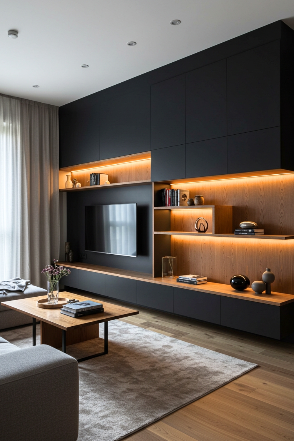 Contemporary Modern Living Room With Black Wall And Wood Built In 