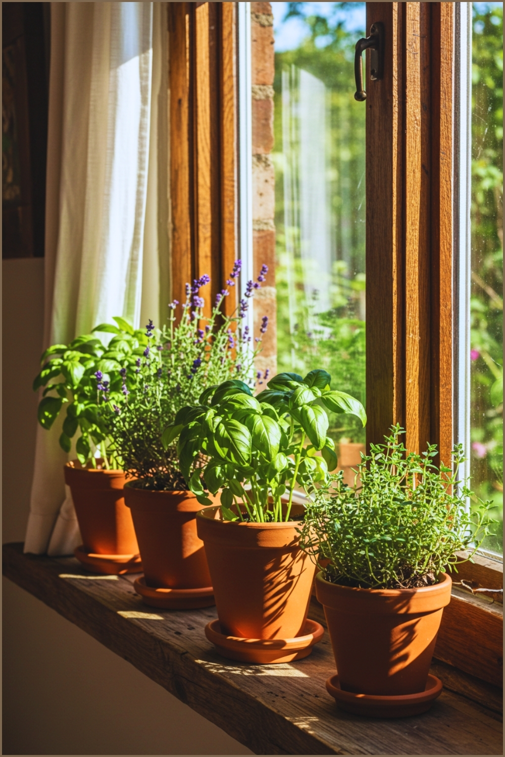 Cottage Kitchen Window Ledge, Terracotta Pots With Fresh Herbs Basil Thyme Lavender