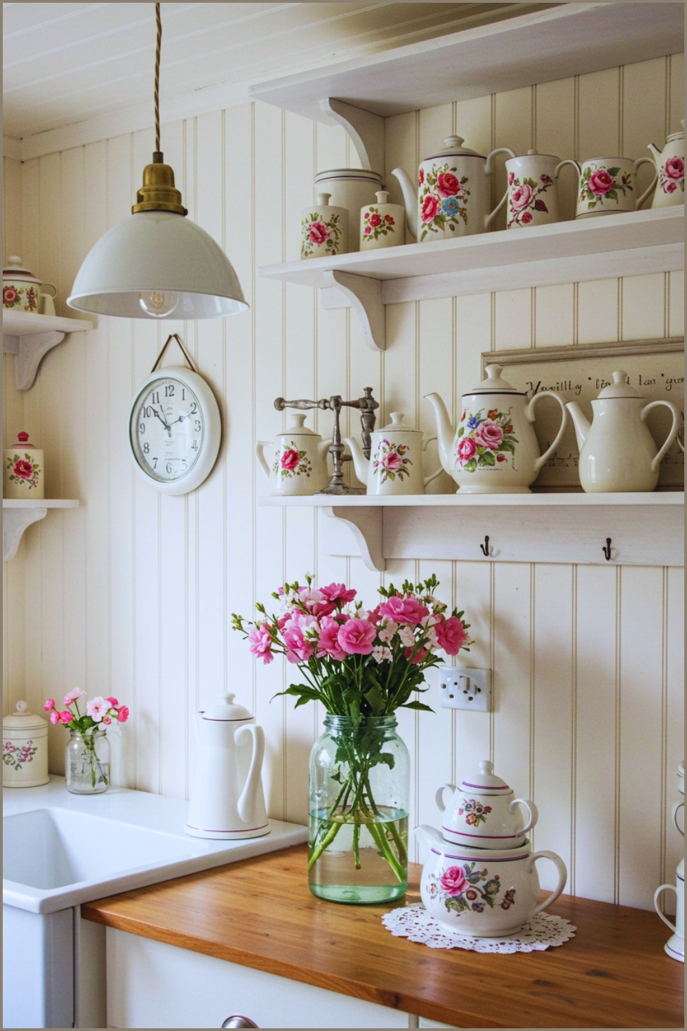 Cottage Kitchen With White Beadboard Walls, Open Wooden Shelves