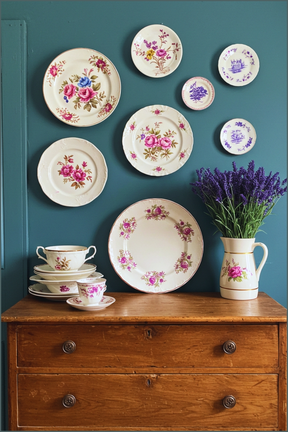 Cottage Wall Decorated With Antique Floral China Plates