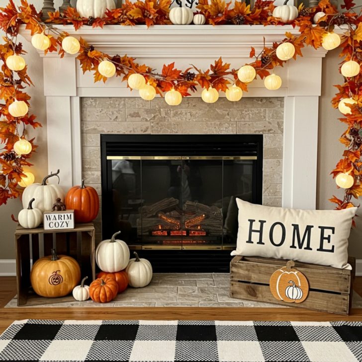 Cozy Autumn Fireplace Decorated With Fall Leaves Garland And White Pumpkin
