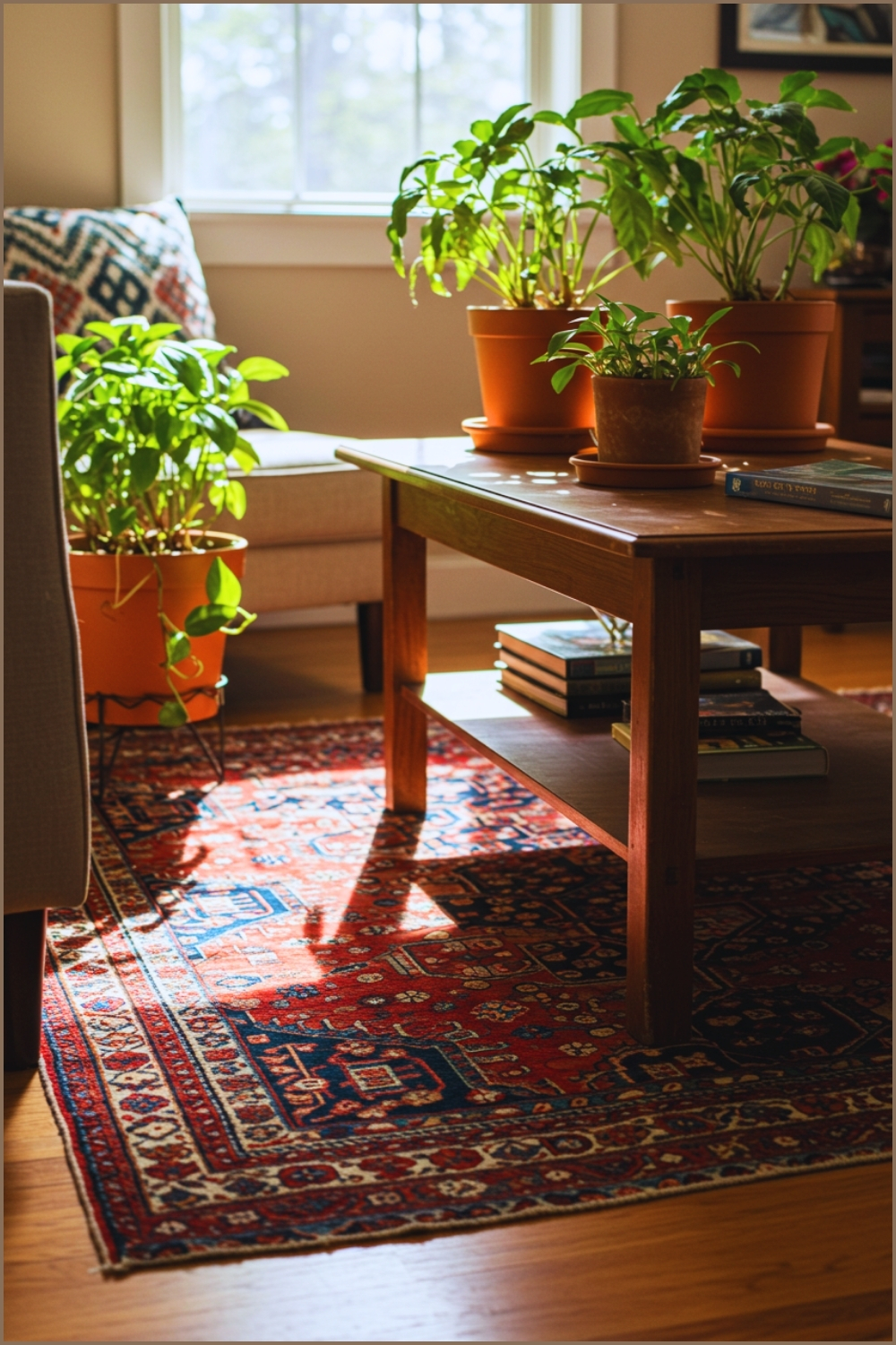 Cozy Bohemian Living Room Detail With Patterned Red And Blue Oriental Rug