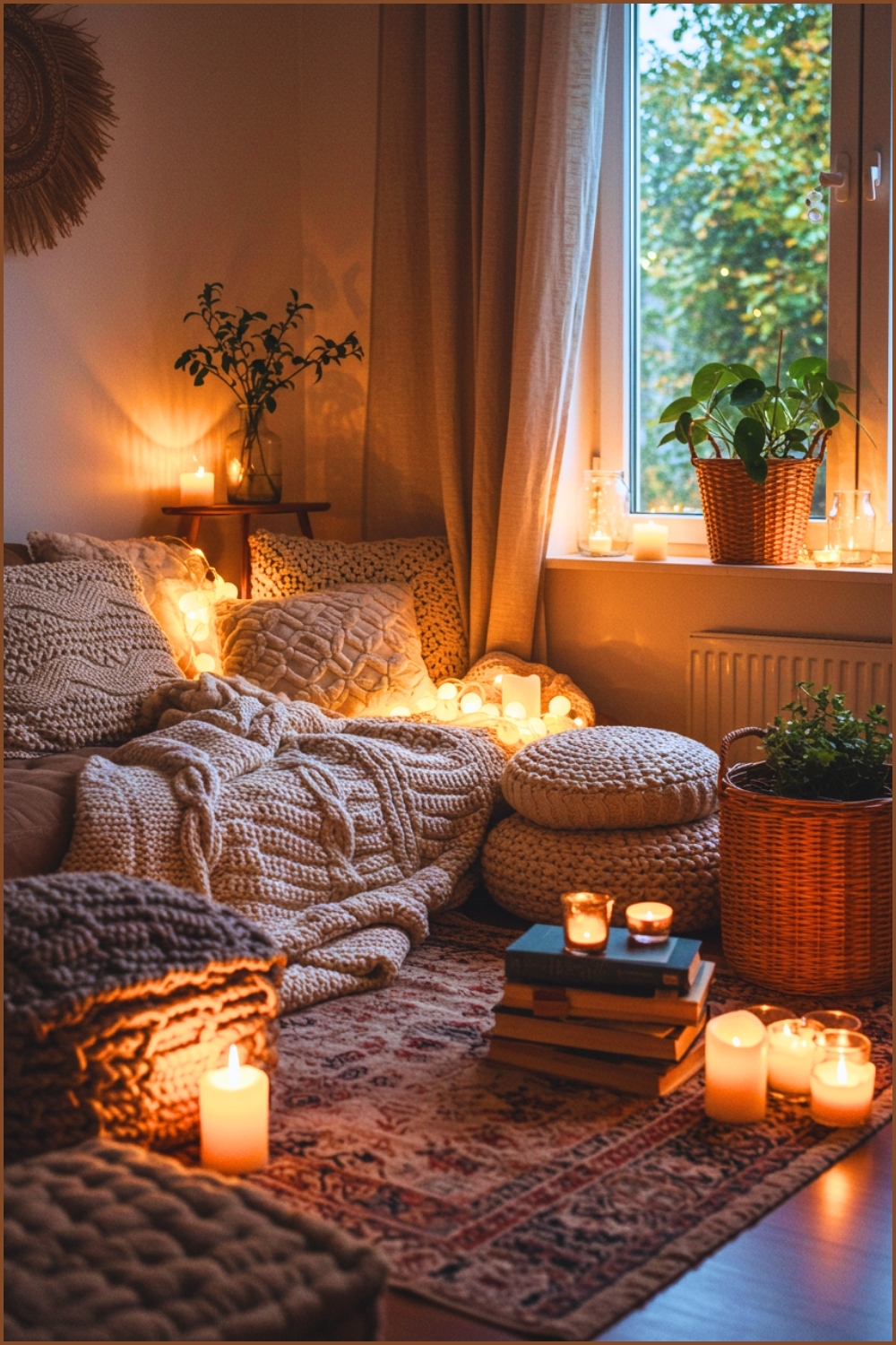 Cozy Bohemian Living Room, Warm Ambient Lighting, Large Window