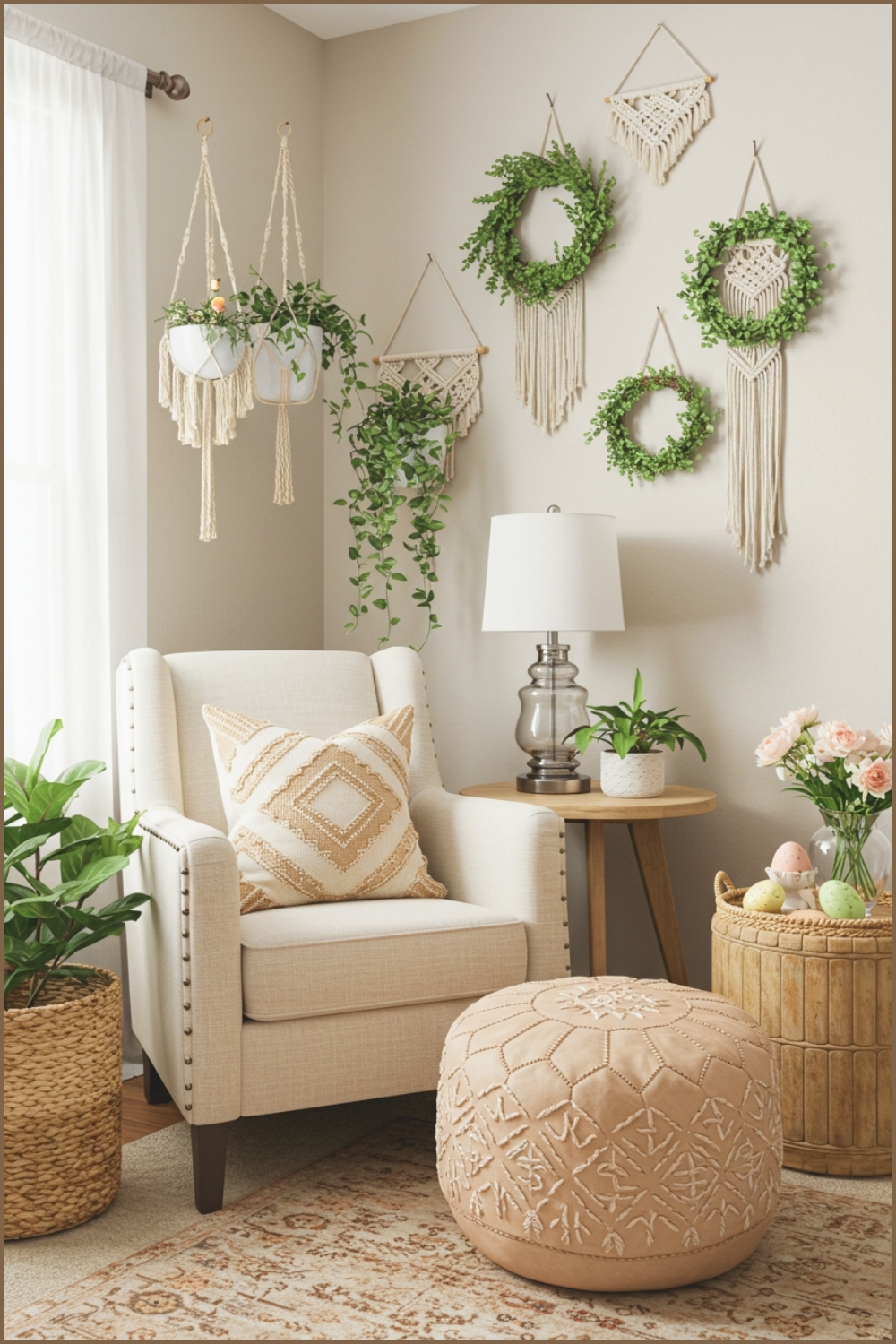 Cozy Boho Easter Living Room Corner With Neutral Tones Cream Armchair