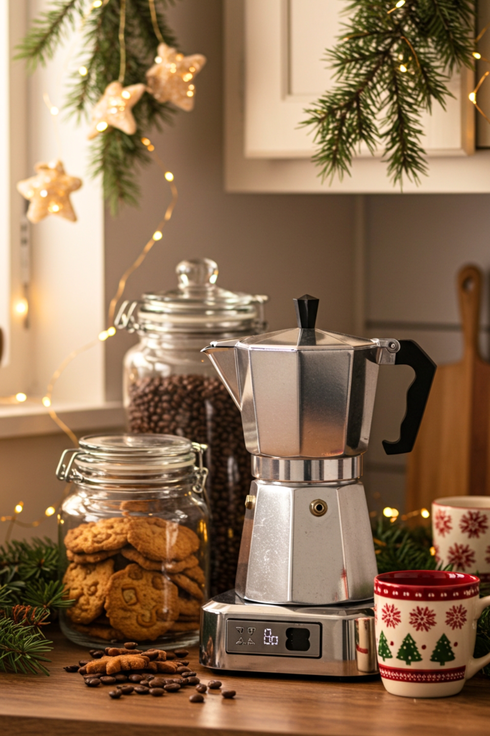 Cozy Christmas Kitchen Counter With A Silver Coffee Maker