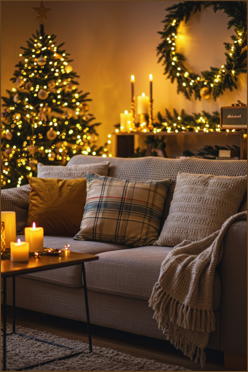 Cozy Christmas Living Room Decorated With Twinkling Fairy Lights