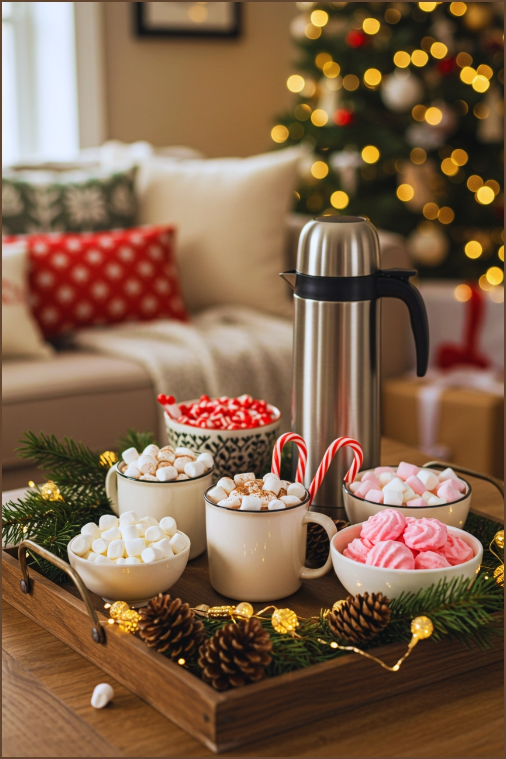 Cozy Christmas Living Room With Festive Hot Cocoa Bar Setup