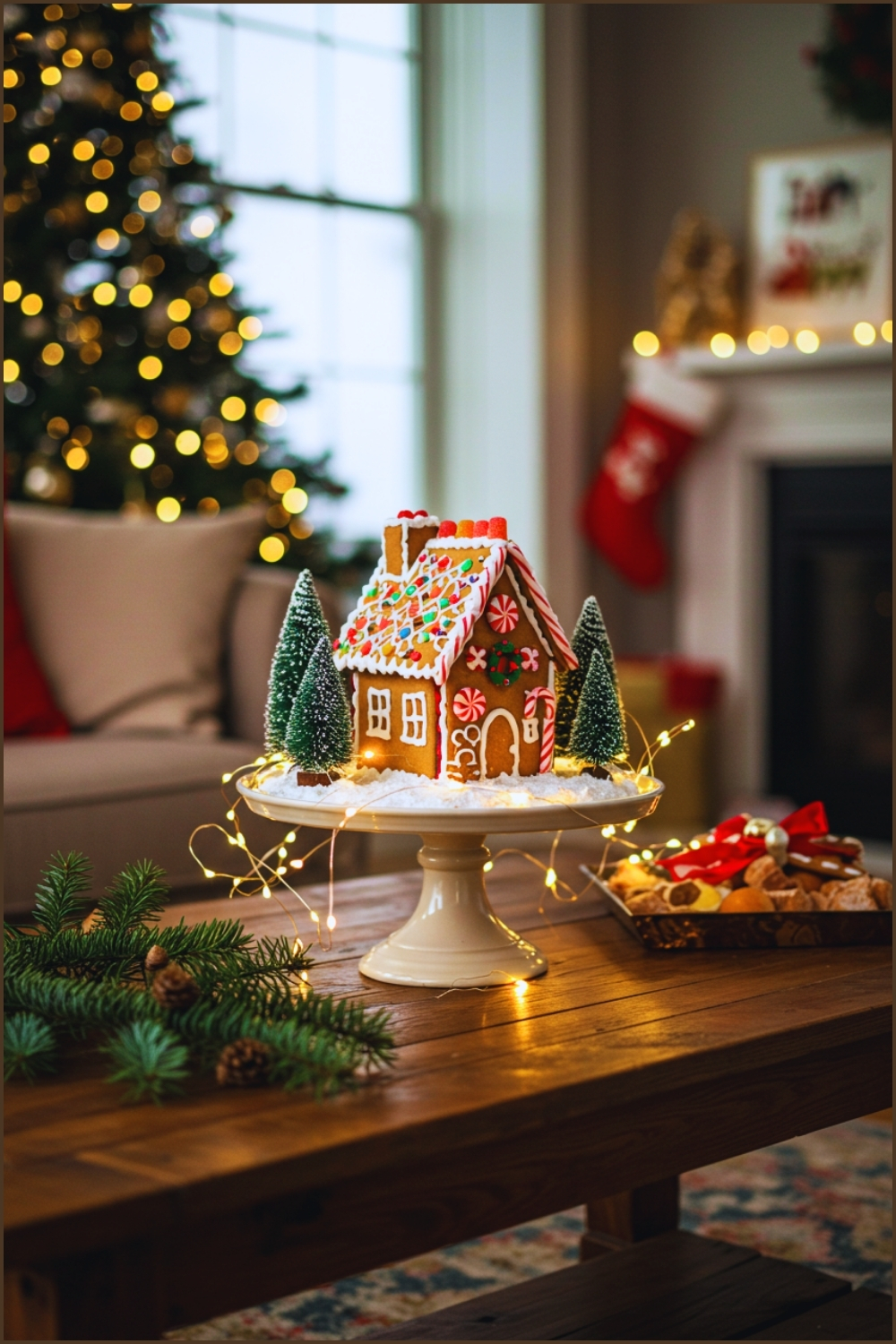 Cozy Christmas Living Room With Glowing Holiday Tree In The Background