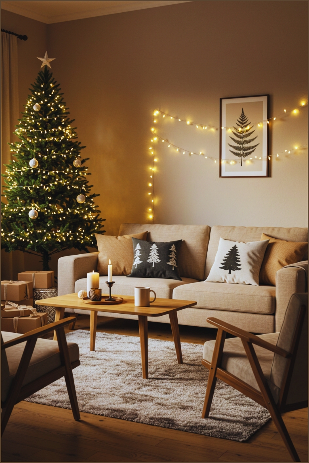 Cozy Christmas Living Room With Warm Fairy Lights Hanging On The Wall