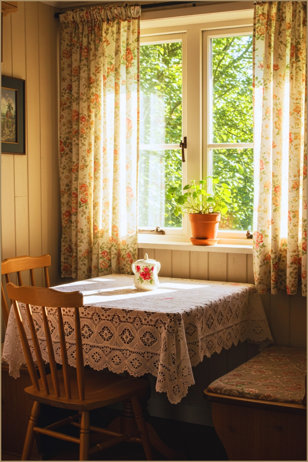 Cozy Cottage Dining Nook, Sunlight Shining Through Floral Curtains