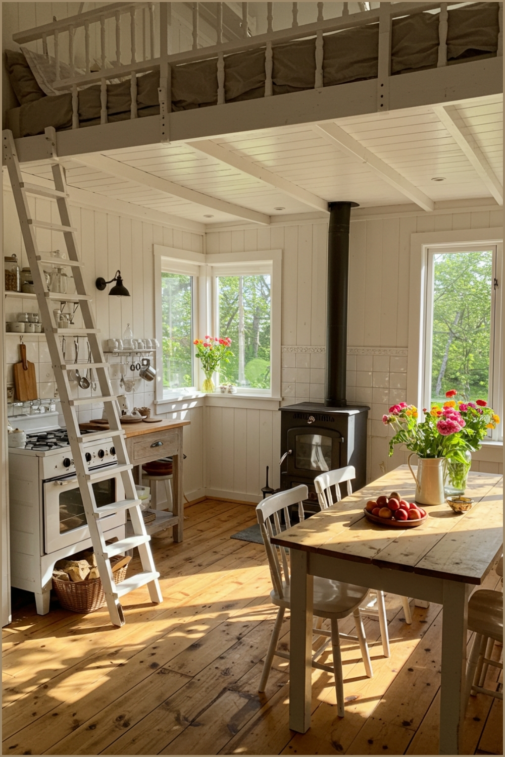 Cozy Cottage Interior With Loft Bed, White Ladder, Small Rustic Kitchen With Wood Stove