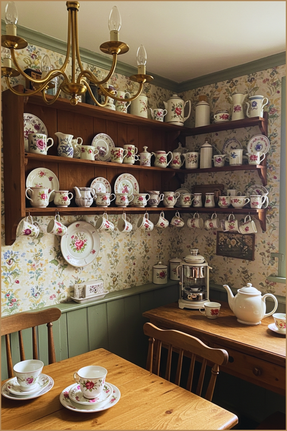 Cozy Cottage Kitchen, Rustic Wooden Shelves Filled With Floral China Teacups