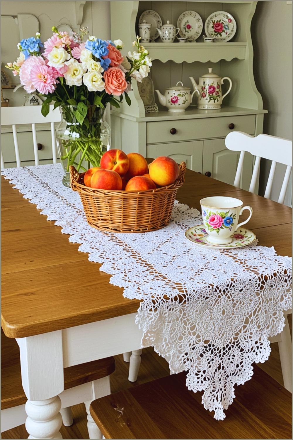 Cozy Cottage Kitchen Table With Crochet Lace Runner, Wicker Basket Of Fresh Peaches