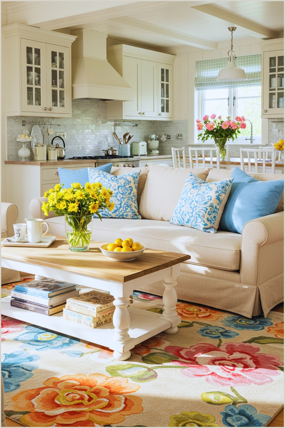 Cozy Cottage Style Living Room With Light Beige Sofa Blue And White